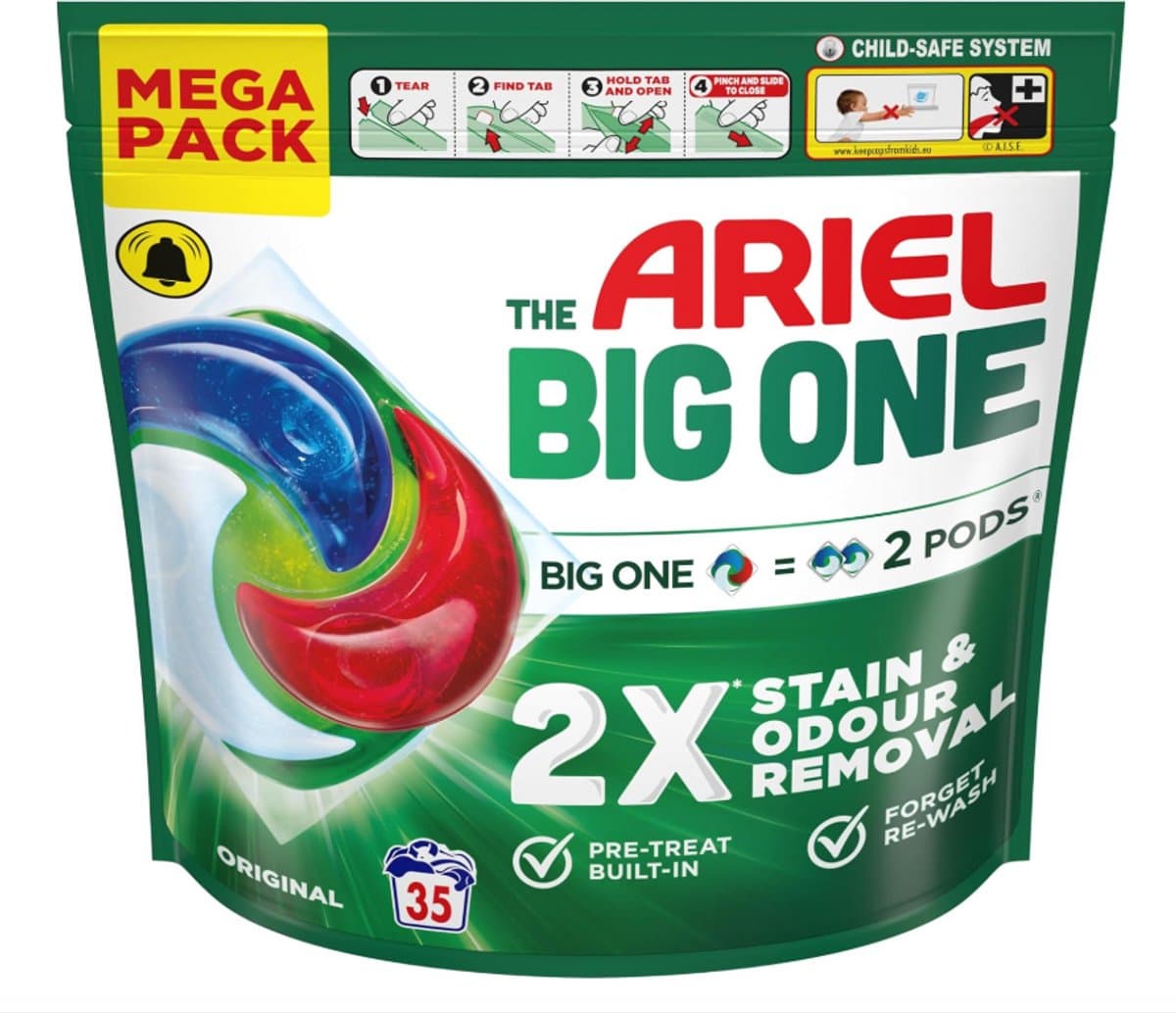 Ariel The Big One Wasmiddel Pods Original – Mega Pack – 35 Wasbeurten – 2-in-1 Vlek- & Geurverwijdering – Wasmiddelcapsules — afbeelding 1