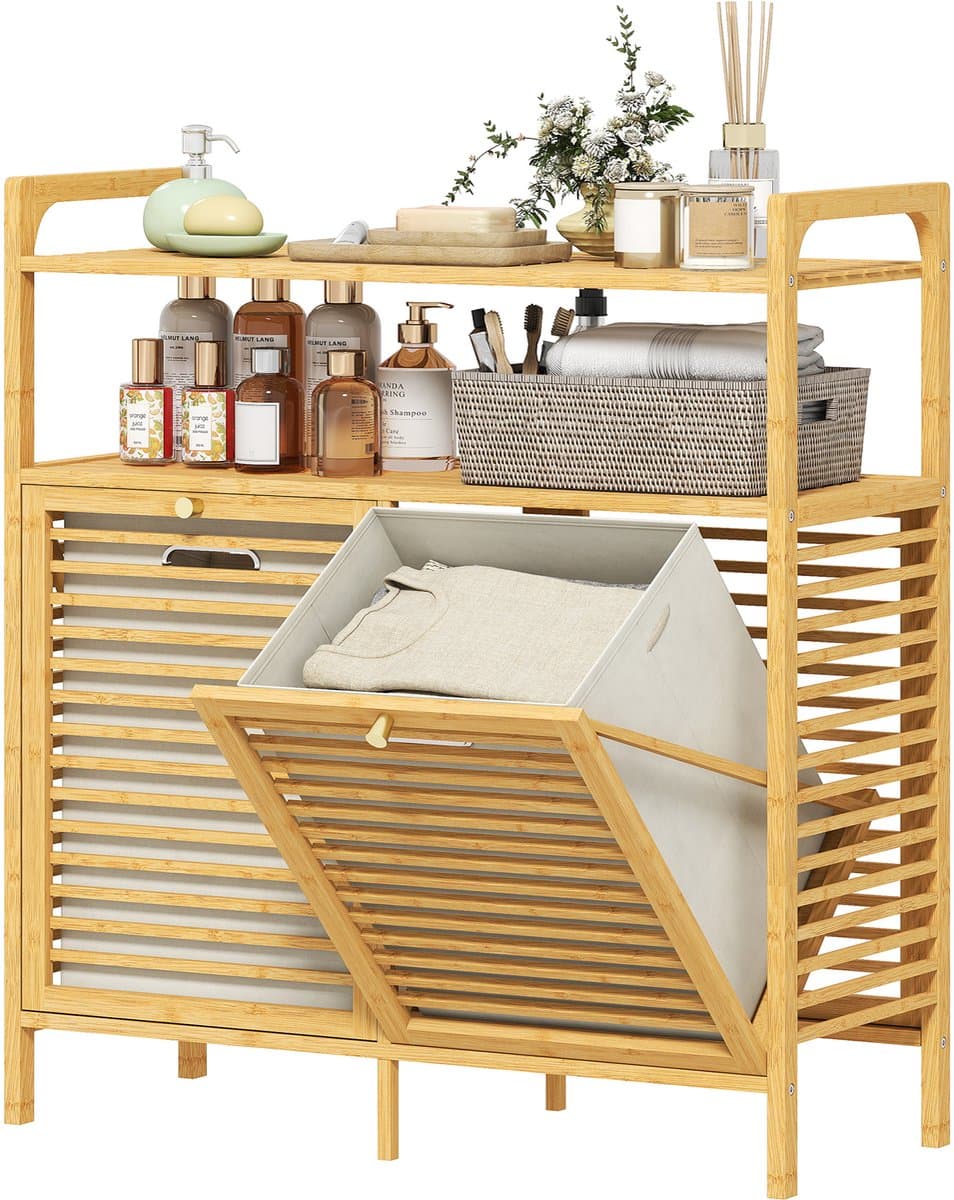 laundry basket with 2 compartments each 41 L made of bamboo 82 x 13 x 88 cm natural | 2 shelves - laundry rack with handles — afbeelding 1
