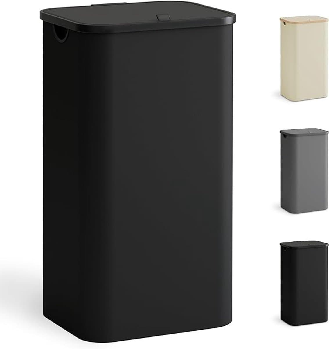 PolkaHome Opvouwbare Wasmand met Deksel 100L - Smal & Ruimtebesparend met Bamboe Handgrepen - Zwart — afbeelding 1