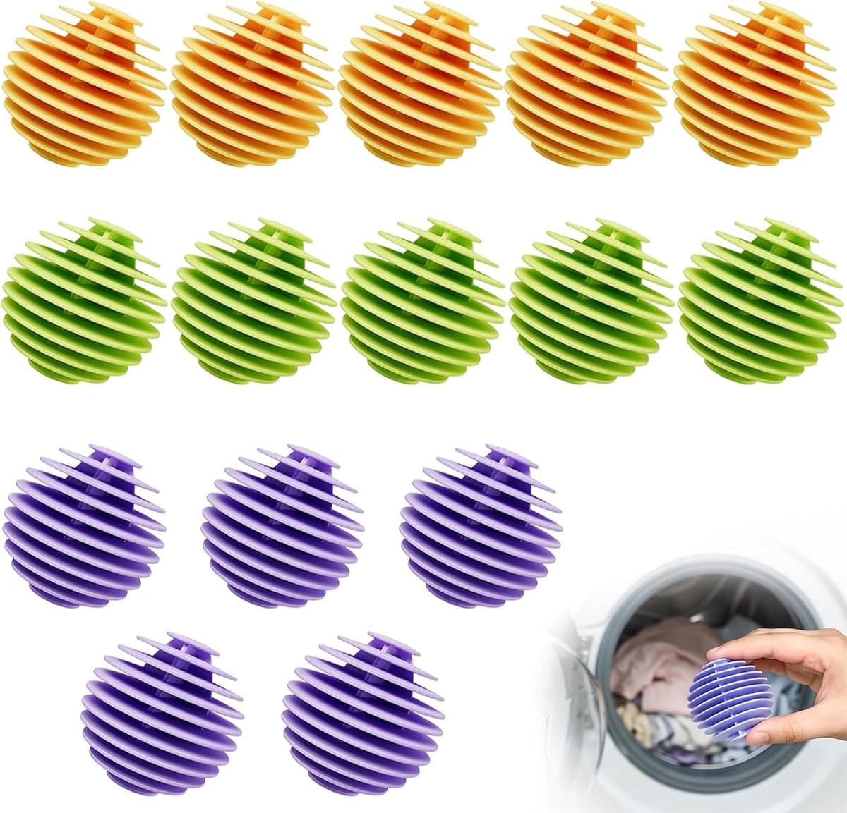 Wasballen voor wasmachine, 15 stuks, wasbal tegen klitten en rimpels, herbruikbare wasballen van pvc voor wasverzorging, kleurrijke wasballenset (paars, groen, geel) — afbeelding 1