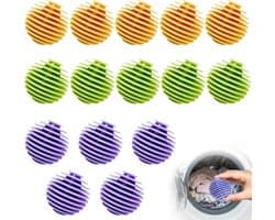 Wasballen voor wasmachine, 15 stuks, wasbal tegen klitten en rimpels, herbruikbare wasballen van pvc voor wasverzorging, kleurrijke wasballenset (paars, groen, geel)