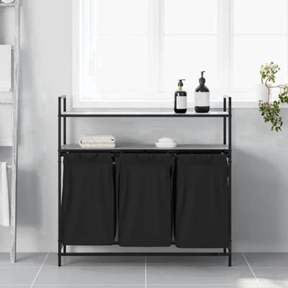 Wasmand – Wasbak – Wasrek – Wasopvang – Wascontainer – 3 Compartimenten – Stalen Frame Met Houten Planken — afbeelding 1