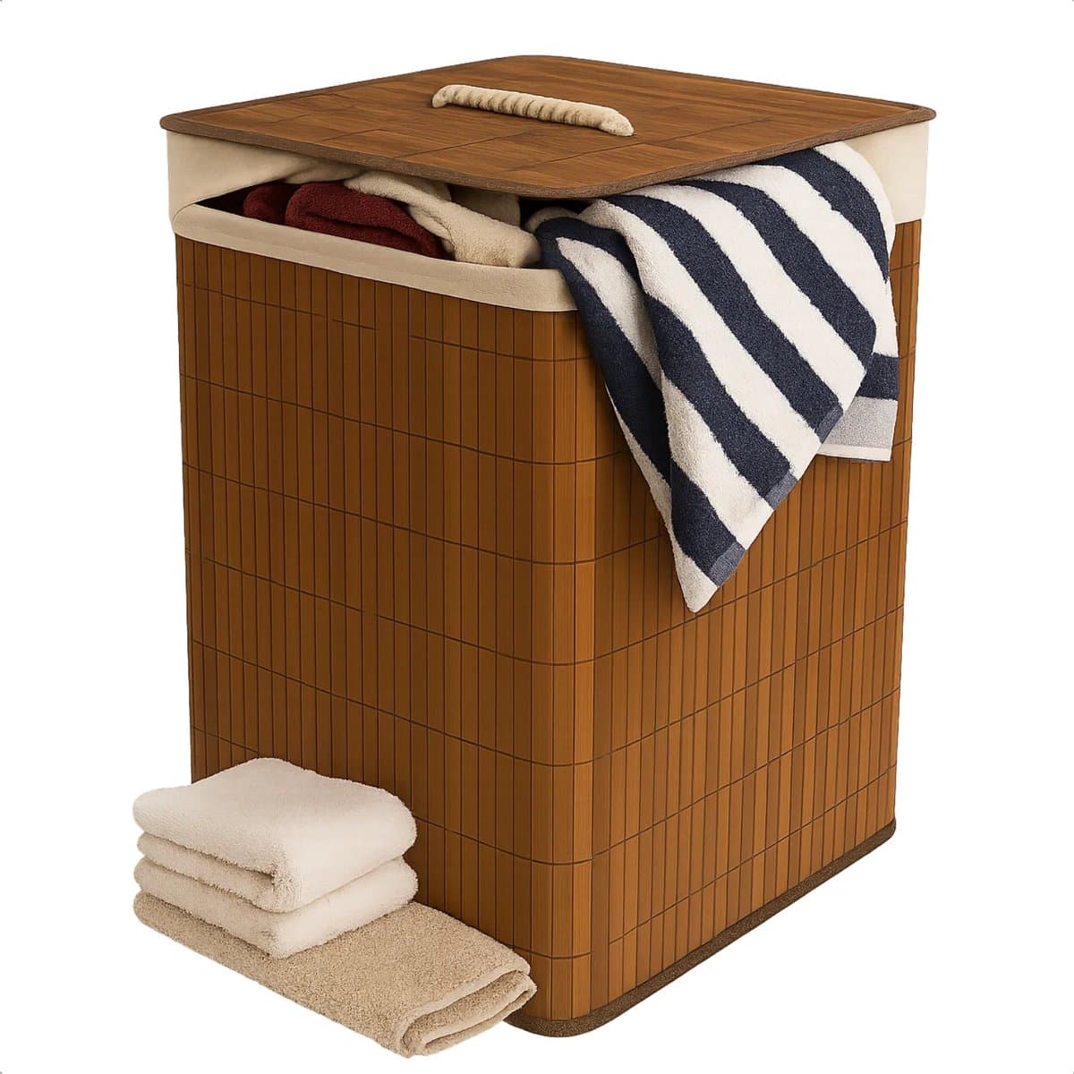 Lomera Bamboe Wasmand - Hoekmodel Wasmand - 72 Liter Capaciteit - Opvouwbare Wasmand - Bruine Wasmand - Wasmand Met Deksel - Waszak Inbegrepen - Afneembaar Deksel - Verstevigde Metalen Ring - Wasbare Binnenzak - Bamboe Materiaal — afbeelding 1