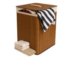 Lomera Bamboe Wasmand - Hoekmodel Wasmand - 72 Liter Capaciteit - Opvouwbare Wasmand - Bruine Wasmand - Wasmand Met Deksel - Waszak Inbegrepen - Afneembaar Deksel - Verstevigde Metalen Ring - Wasbare Binnenzak - Bamboe Materiaal