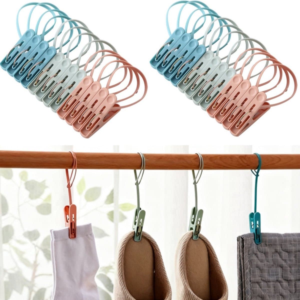 24 stuks - Wasknijpers - Kleine mini wasknijpers - Winddichte wasknijpers - Met kunststof touwtje - Winddicht - Om kleding op te hangen - Blauw, groen en roze - Geschikt voor handdoeken, sokken en ondergoed — afbeelding 1