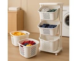 Rollende Waskar – Wasmand met 3 Vakken – 360° Wielen – Geventileerd – Ruimtebesparend – 3 x 25L – Wit — afbeelding 1