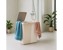 Motek® - Wasmand - 40 L+40 L - 80 L - 2 Vakken met Deksel - Met Touch Deksel - Gemaakt van 100% gerecycled kunststof - 80 L - wasmand met deksel - Wassorteerder - Beige — afbeelding 1