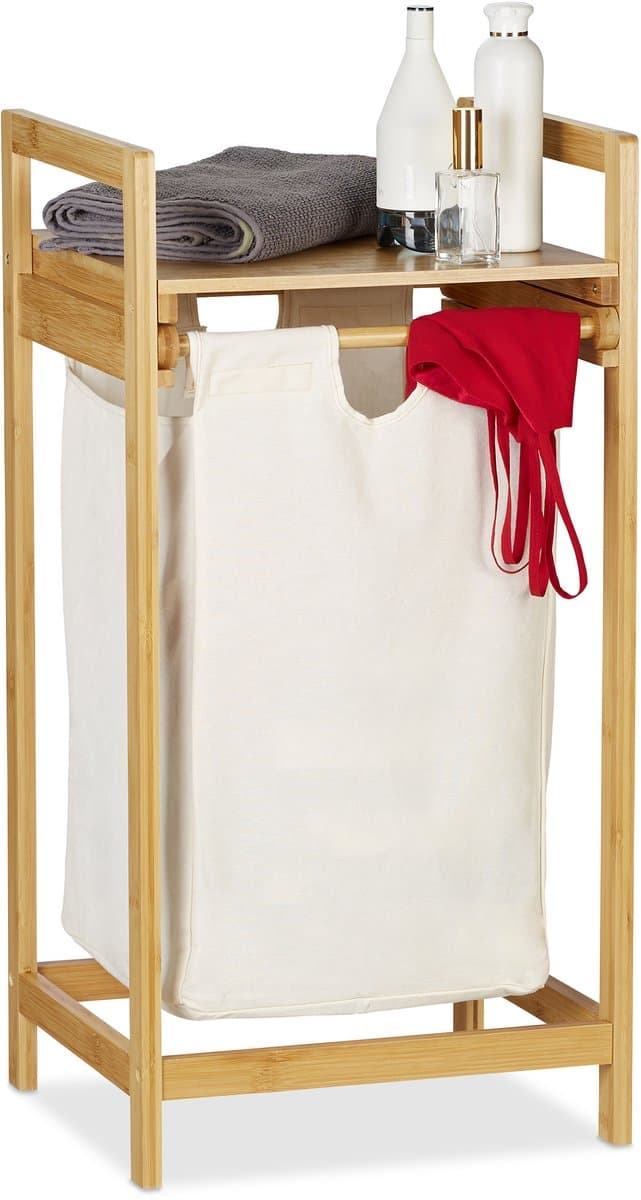 wasmand bamboe - 30 liter - met plank - op poten - rechthoekig - natuur — afbeelding 1