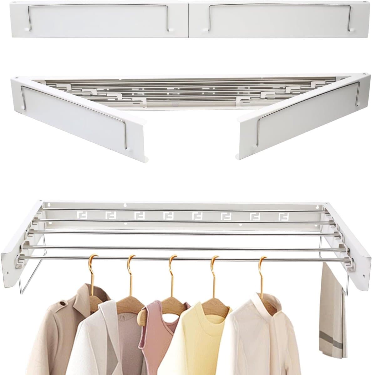 Droogrek Wandmontage - Uittrekbare Waslijn - Ruimte Besparen - Roestvrij Staal - 80 cm - Wit — afbeelding 1