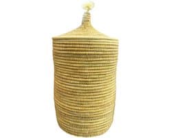 Marokkaanse Wasmand - Handgemaakte Rieten Opbergmand - Grote Marokkaanse Berber Wasmand met Deksel - Natuurlijke Opbergmand voor Wasgoed, Speelgoed & Dekens - Gevlochten Zeegras - Ø40 x 60 cm - Naturel