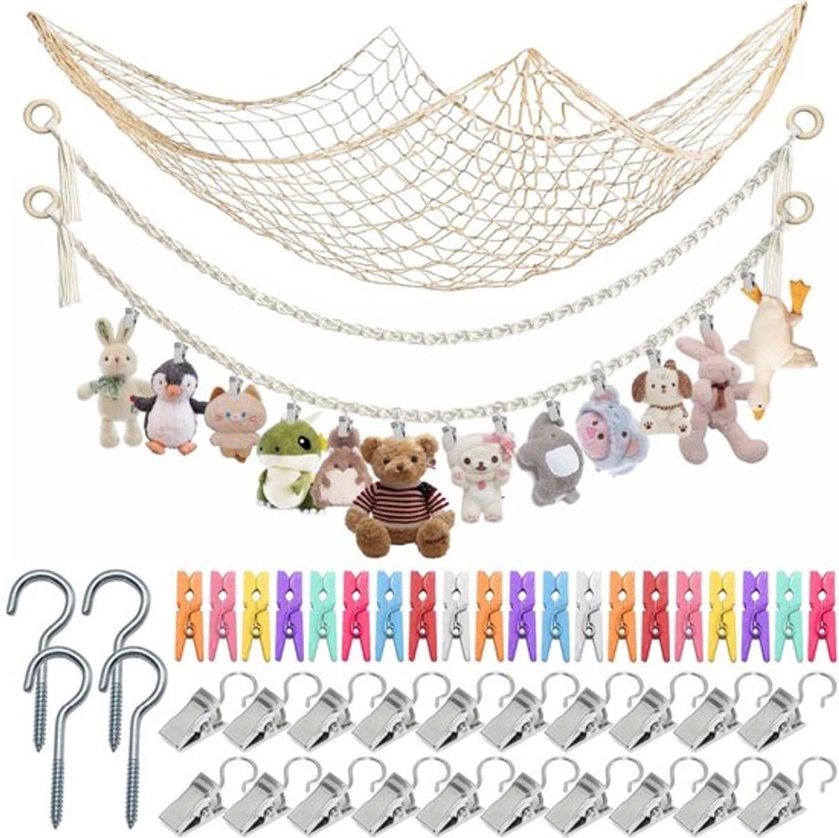 Opbergnet Bohemian Macramé - Hangende Opberger - Opberg Etui - Knuffels - Decoratie - 40 Clips - 2 m Pluche Dier - Opbergnetten — afbeelding 1