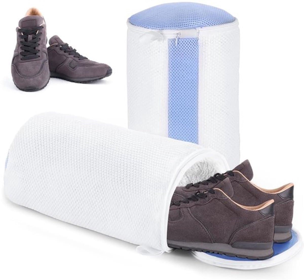 Schoenwaszak met rits - 2 stuks - Wit/Blauw - Herbruikbaar - Polyester - Zachte vezels voor reiniging - Schoenentas — afbeelding 1