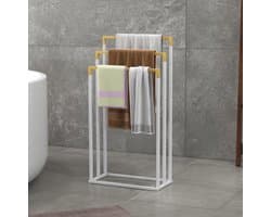 MEUNIQ Vrijstaand handdoekenrek met 3 stangen 45 x 22,5 x 86 cm van metaal en bamboe voor badkamer, staand droogrek zonder boren, wit