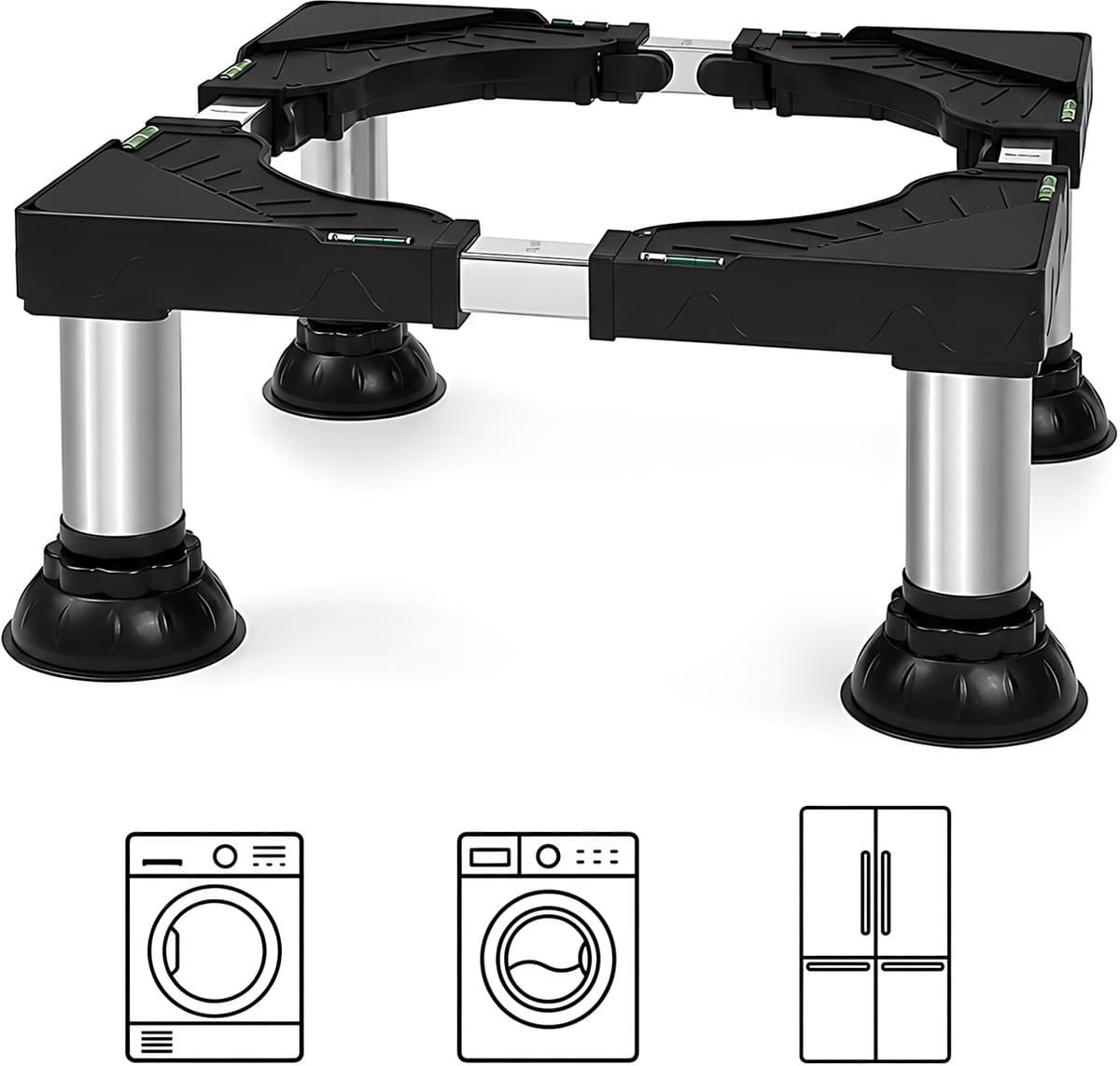 Verstelbare wasmachineverhoger - 40-65 x 40-65 x 21-24 cm - onderstel met 4 antislipvoeten en waterpas voor wasmachine en mini-koelkast - zwart — afbeelding 1