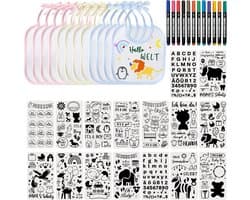 12 stuks slabbetjes voor baby's met 16 tekensjablonen, 12 textielstiften, babyshower, decoratiespel, waterdichte slabbetjes voor baby's, jongens en meisjes, babyborrel