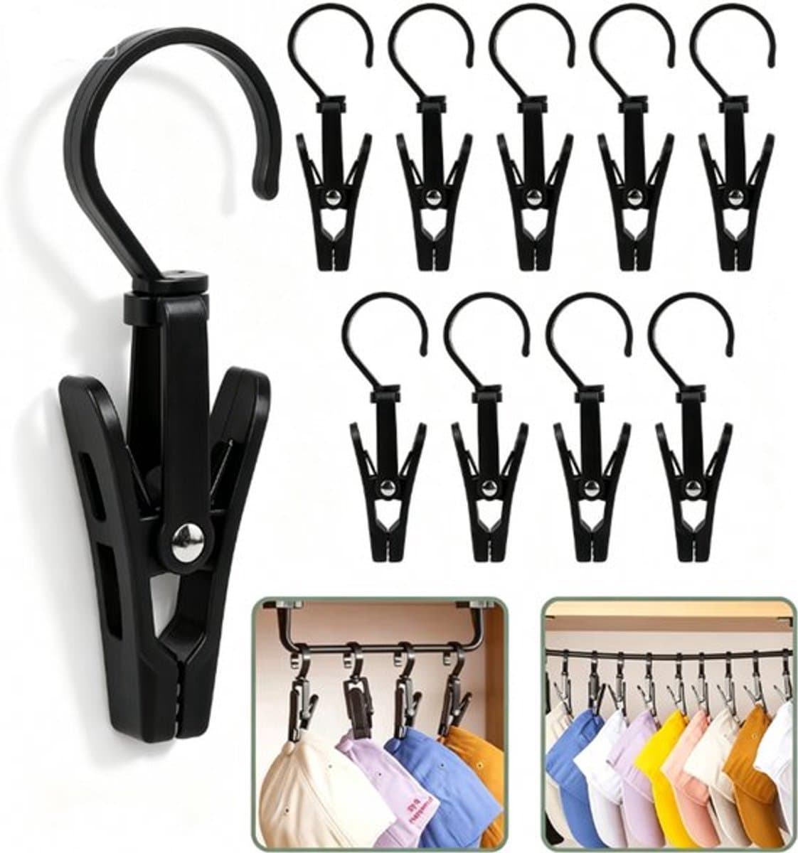 Washaken Clip - Drooghaak voor kleding - met 360 graden draaibare haak - Washaken met klemmen - kleerhangers voor sokken - Sterke plastic wasknijpers - Veelzijdig - draagbare antislip plastic hangers clips - 20stuks - zwart — afbeelding 1