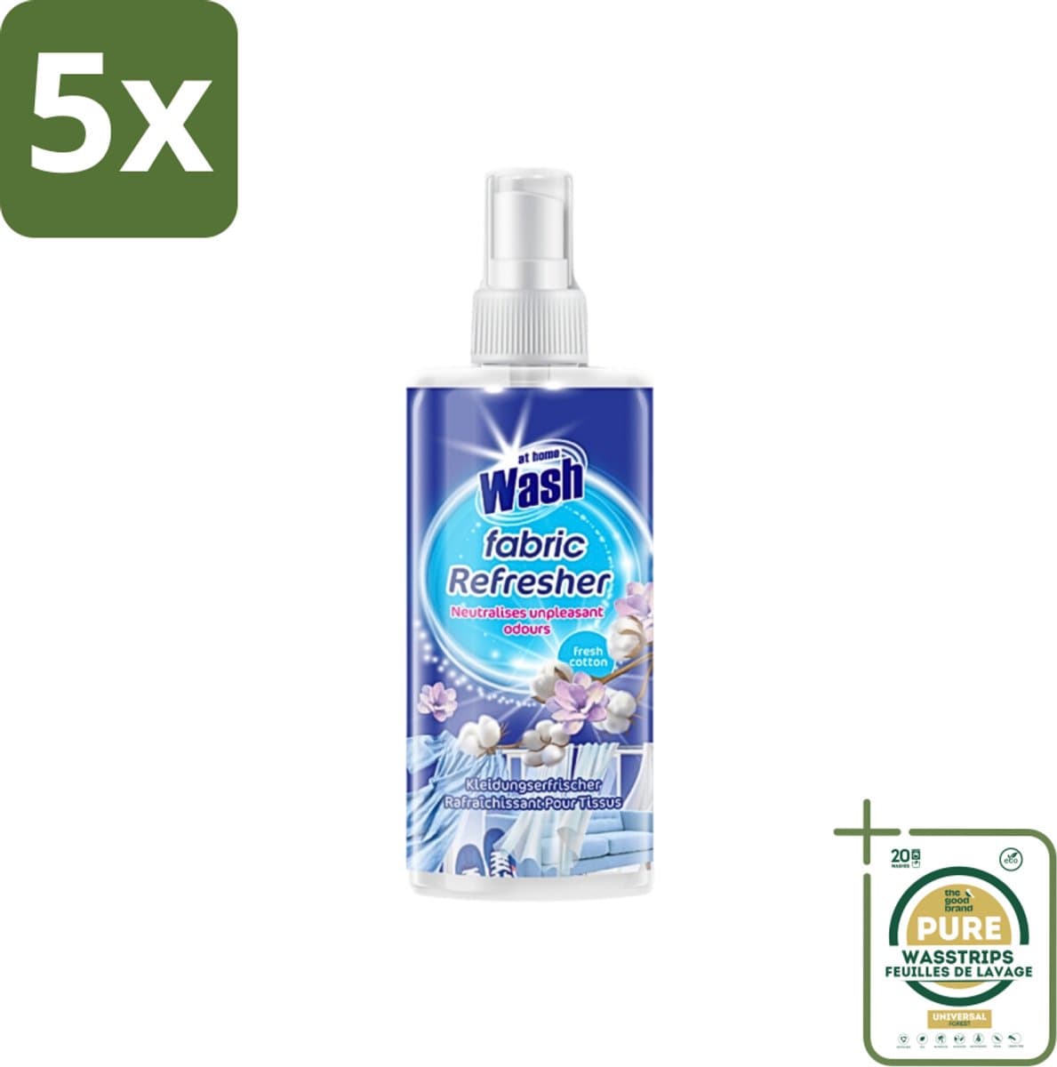 5 x At Home - Wash - Textielverfrisser - Fresh Cotton - Neutraliseert Onaangename Geuren - 300 ml - Grootverpakking - Textielverfrisser - Katoengeur - Geur Neutraliseren - Kleding Verfrissen - Stoffen Verfrissen — afbeelding 1