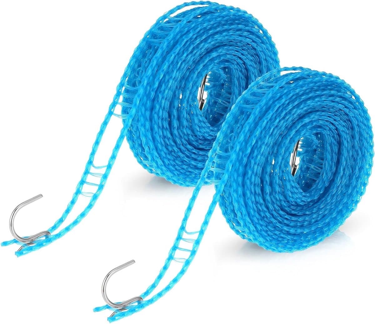 2 stuks - Waslijn - Nylon waslijn - Multifunctionele waslijn - Inclusief roestvrijstalen haak - Flexibel en duurzaam - Geperforeerd ontwerp - Winddicht - 5 meter - Geschikt voor het drogen van kleding tijdens reizen en kamperen - Blauw — afbeelding 1