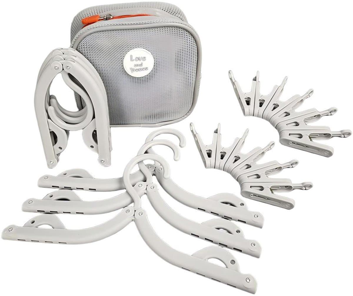 18-delige Reiskledinghanger - Opvouwbare kledinghanger - Kledingklem - Reisaccessoire - Draagbaar,Inclusief Opbergzak,6 kledinghangers en 12 clips - Plastic - 42,6×21 Cm - Geschikt voor reizen, kamperen, hotelverblijven en studentenkamers - Grijs — afbeelding 1