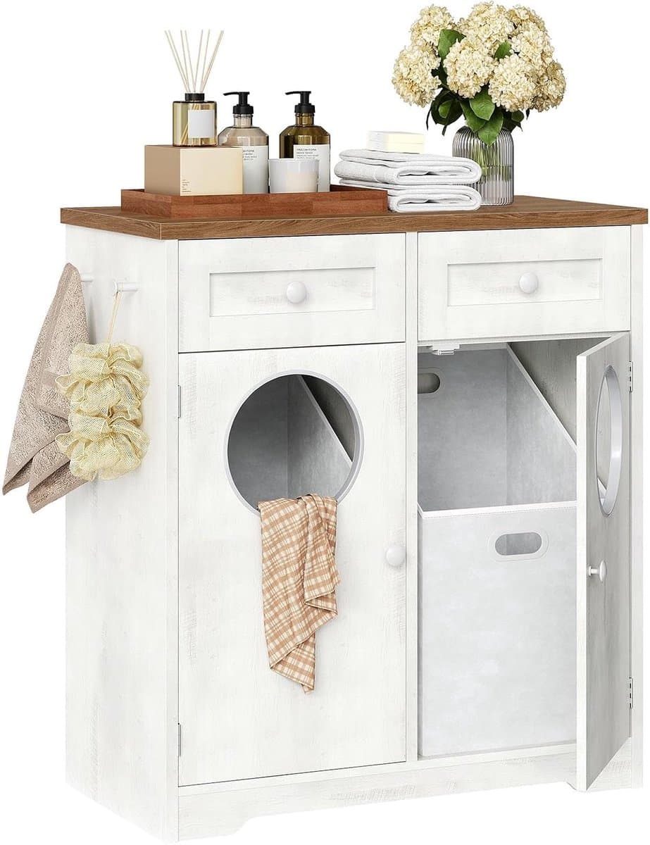 CINK & Co Wasmandkast - 2 uitneembare waszakken - 2 lades en 4 haken - Wit en walnoot - 2 x 37 liter — afbeelding 1