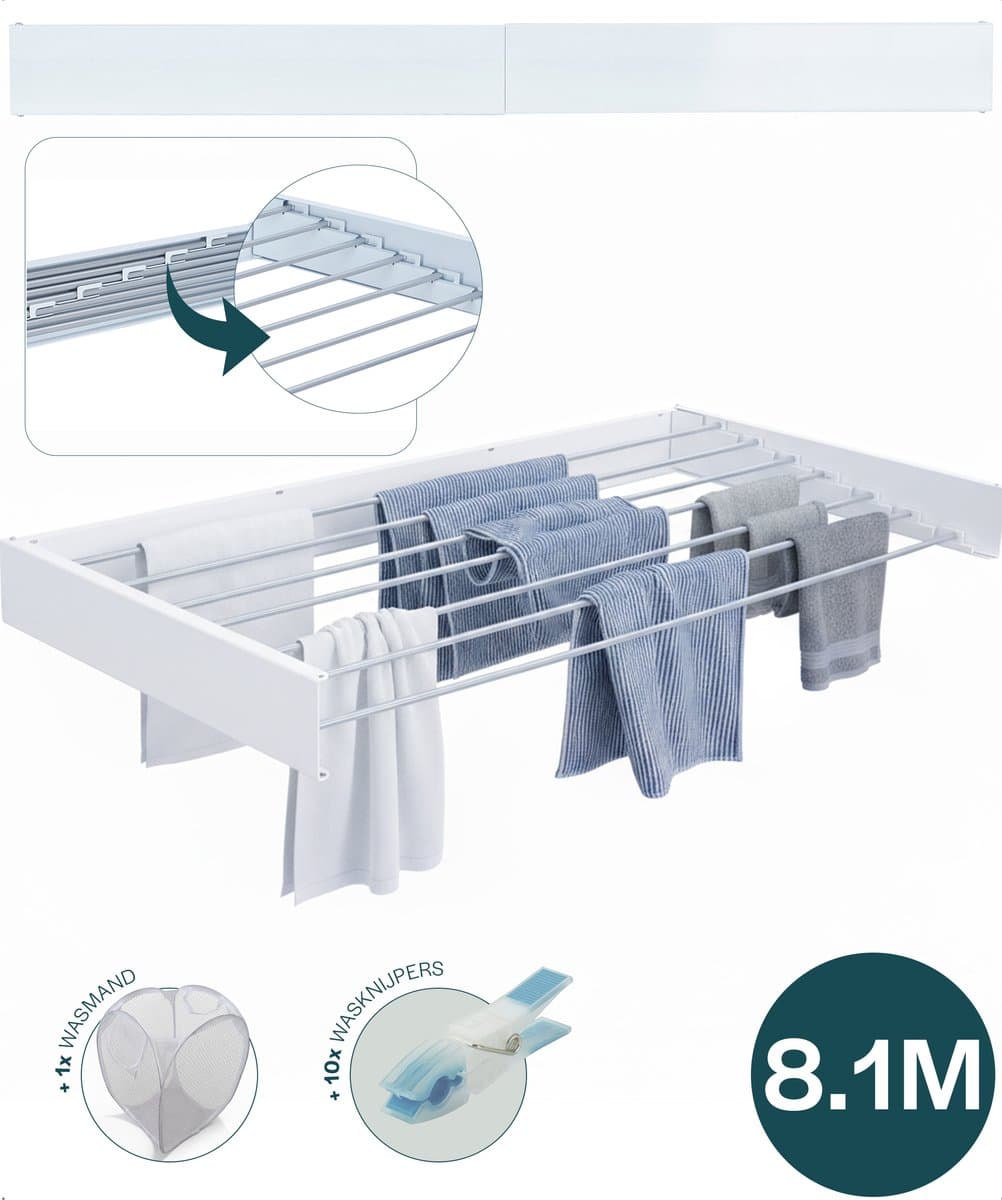 BAUER & MEYER® Wanddroogrek XXL 116cm - Droogrek Inklapbaar - Incl. 10 wasknijpers + 1x wasmand - Wasrek - 8.1 Meter drooglengte - Wit — afbeelding 1