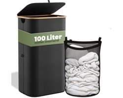 Nince Wasmand - 1 Vak - 100L - Met Deksel - Wassorteerder - Uitneembare Waszakken - Bamboe - Opvouwbaar - Zwart — afbeelding 1
