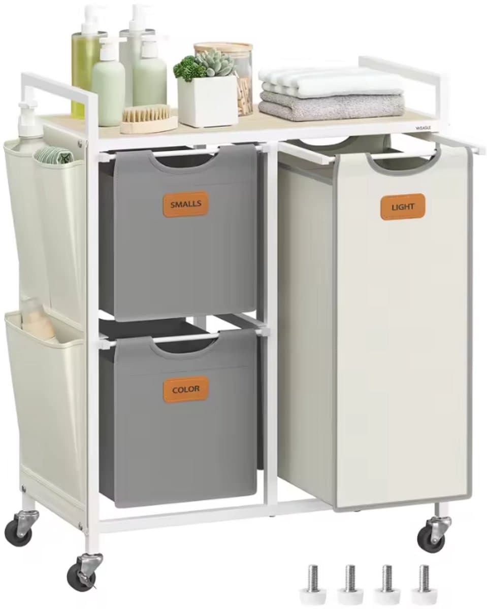Wasmand 100L met 3 Vakken & Wielen – Metalen Frame met Houten Bovenblad – Inclusief 3 Zijvakken – Uitneembare Waszakken – Was Sorteren – Wit/Grijs — afbeelding 1