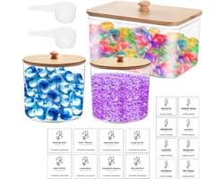 Allecta - Waspoedercontainers Set van 3 | Wasmiddelopslag met deksel | Luchtdichte Waspoeder Opbergdoos | Inclusief 16 stickers en 2 schepjes | Voor waspads, badbommen, wasparfum