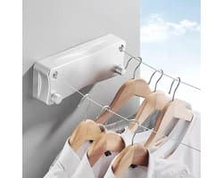 GELLDG Waslijn - Uittrekbare waslijn - Dubbele lijn - (2x 5,2 meter) 10,4 meter totaal - Wit - Wanddroogrek - Roldrooglijn - Geschikt voor badkamers, balkons en slaapkamers.