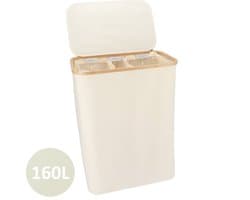 KROMS Wasmand 3 vakken - Beige - 160L - Extra groot model - Inclusief NL & ENG Labels – Wassorteerder bamboe - Laundry basket - Wasmand met deksel - Opvouwbaar