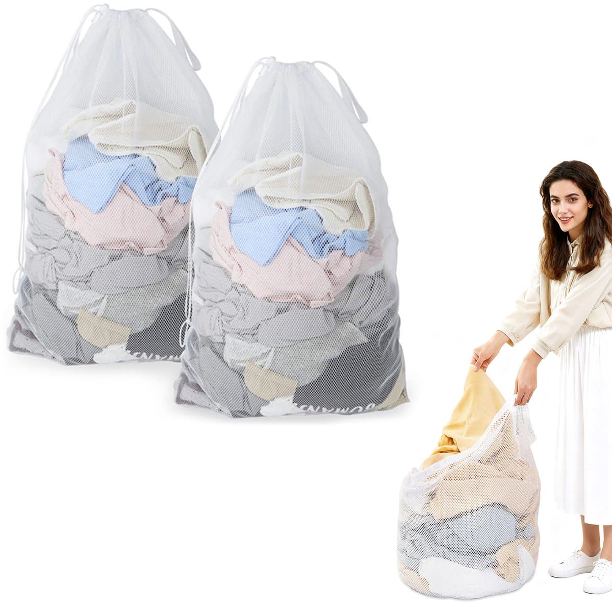 2 stuks waszakken van mesh met trekkoord en handvatten - 76×100cm waszakken van mesh - Duurzame tassen voor delicate kleding - Stevige waszakken van mesh - Geschikt voor wasmachines, reizen, kleding, speelgoedopslag — afbeelding 1