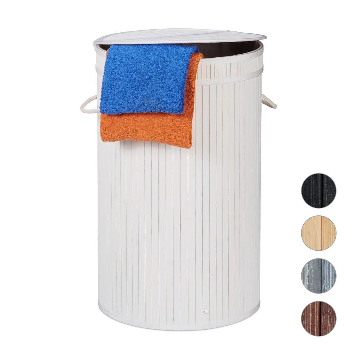 wasmand - 65 l - bamboe - met klapdeksel - handgrepen - opvouwbaar - wit — afbeelding 1