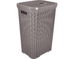 Hega Hogar Wasmand met deksel Rotan - taupe - gevlochten kunststof - 60 liter - 34 x 43 x 62 cm