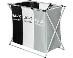 Lowander Wasmand 3 vakken - Wassorteerder 90 liter - Licht | Donker | Gekleurd - Opvouwbare Was Organizer met Aluminium Frame - Stevige Wasmand voor Vuile Was - Grijs