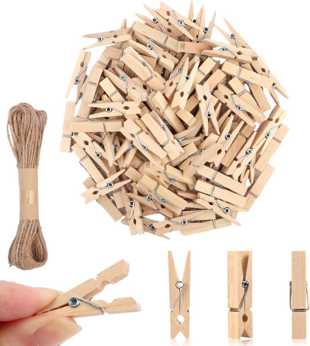 Mini houten klemmen 100 stuks met jutekoord, 3,5 cm, voor foto's en ansichtkaarten, natuurlijk hout — afbeelding 1