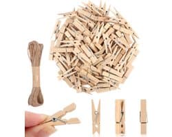 Mini houten klemmen 100 stuks met jutekoord, 3,5 cm, voor foto's en ansichtkaarten, natuurlijk hout — afbeelding 1