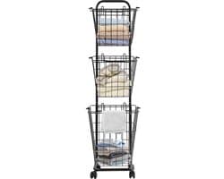Wasmandwagen Met 3 Manden Zwart 26*32*123cm 3-Laags Rolbare Wasmanden Op Wielen Wasrek Waswagen Voor Badkamer Waskeuken