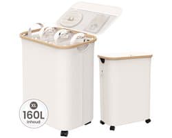 Wasmand 3 Vakken met Deksel - Wassorteerder Opvouwbaar - Wasbox op Wielen - 160L - Laundry Basket Bamboe - Incl. 5 Uitneembare Waszakken en 5 Labels - Beige — afbeelding 1