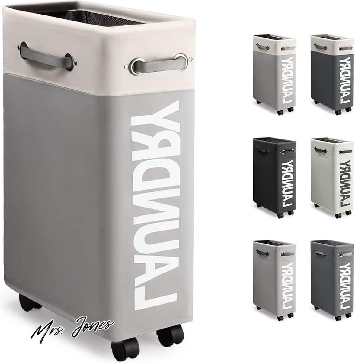 Mrs. Jones Extra Smal Inklapbare Wasmand met Wielen - Opvouwbare Dunne Wasmand met Handvat - Praktische Opbergbox voor Slaapkamers en Wasruimte - 45L - Wit + Lichtgrijs o2 . — afbeelding 1