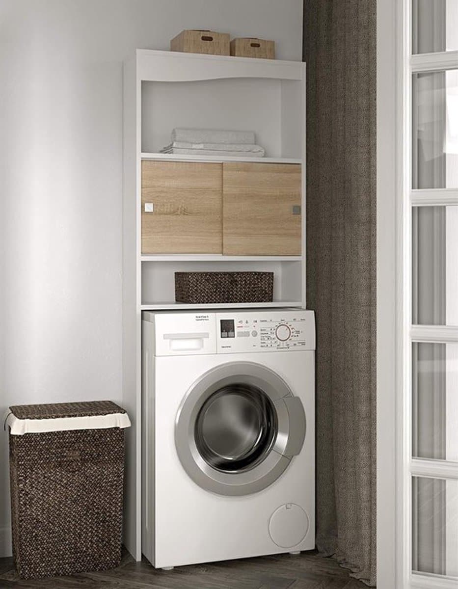 Wasmachine Kast - Wasmachine Ombouw Opbergrek 3 Schappen - Wasmachine Meubel Met Verhoger - Kast Voor Wasdroger - Wit/Eiken — afbeelding 1