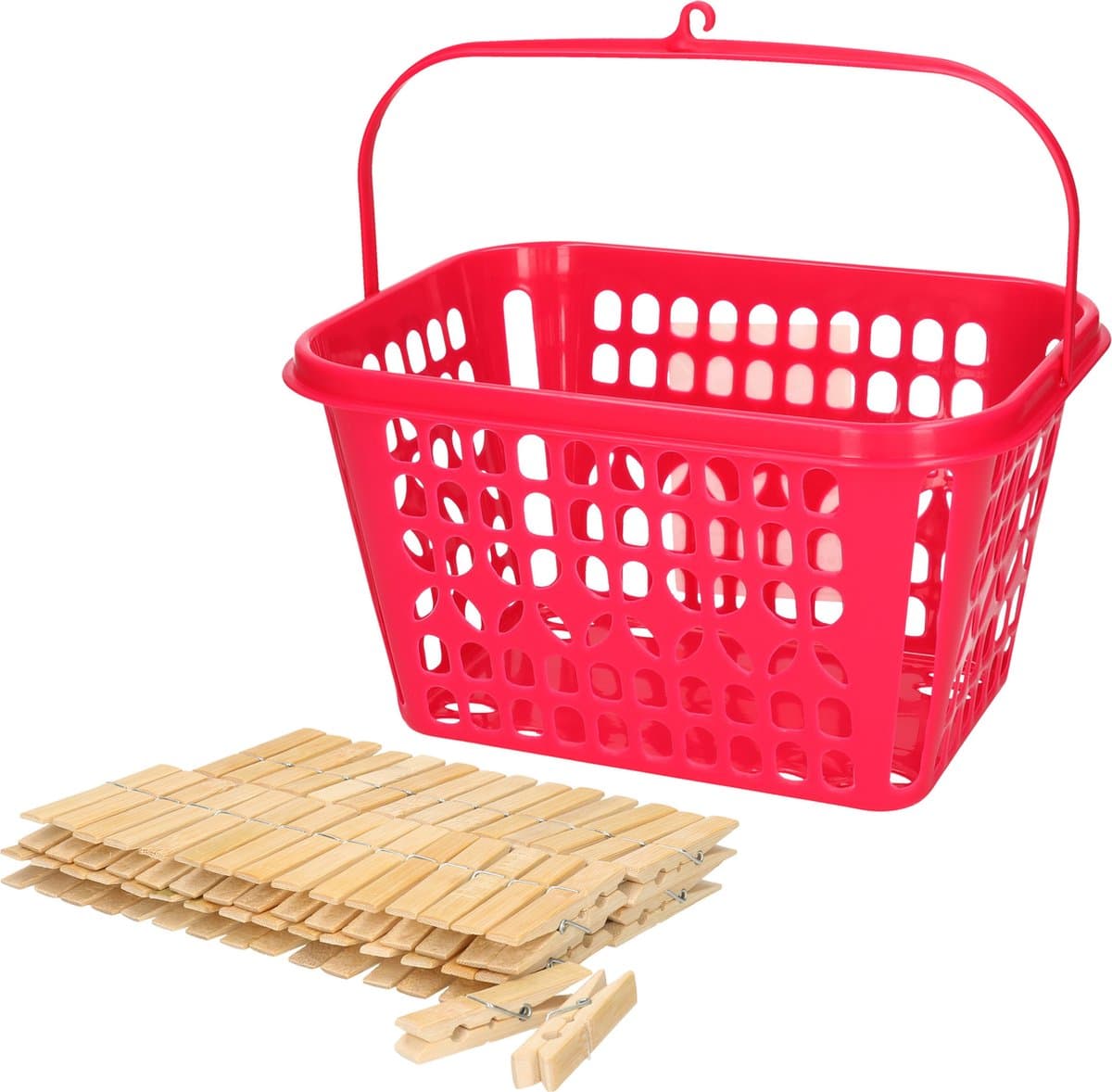 Wasknijpers ophangmandje met haak - fuchsia roze - gevuld met 120x houten wasknijpers 7 cm - was ophangen — afbeelding 1