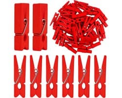Houten fotoclips - Mini wasknijpers - Ambachten decoreren - Natuurlijk materiaal - 50 stuks - Rood