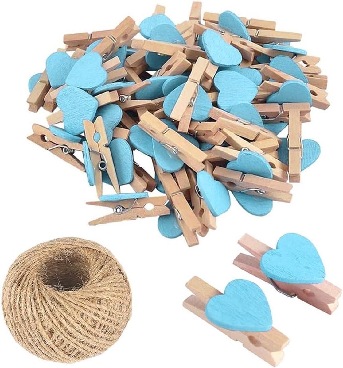 Houten Hart Knijpers - Mini Clips - Foto's Ophangen - Natuurlijk Materiaal - 50 Stuks - Lichtblauw — afbeelding 1