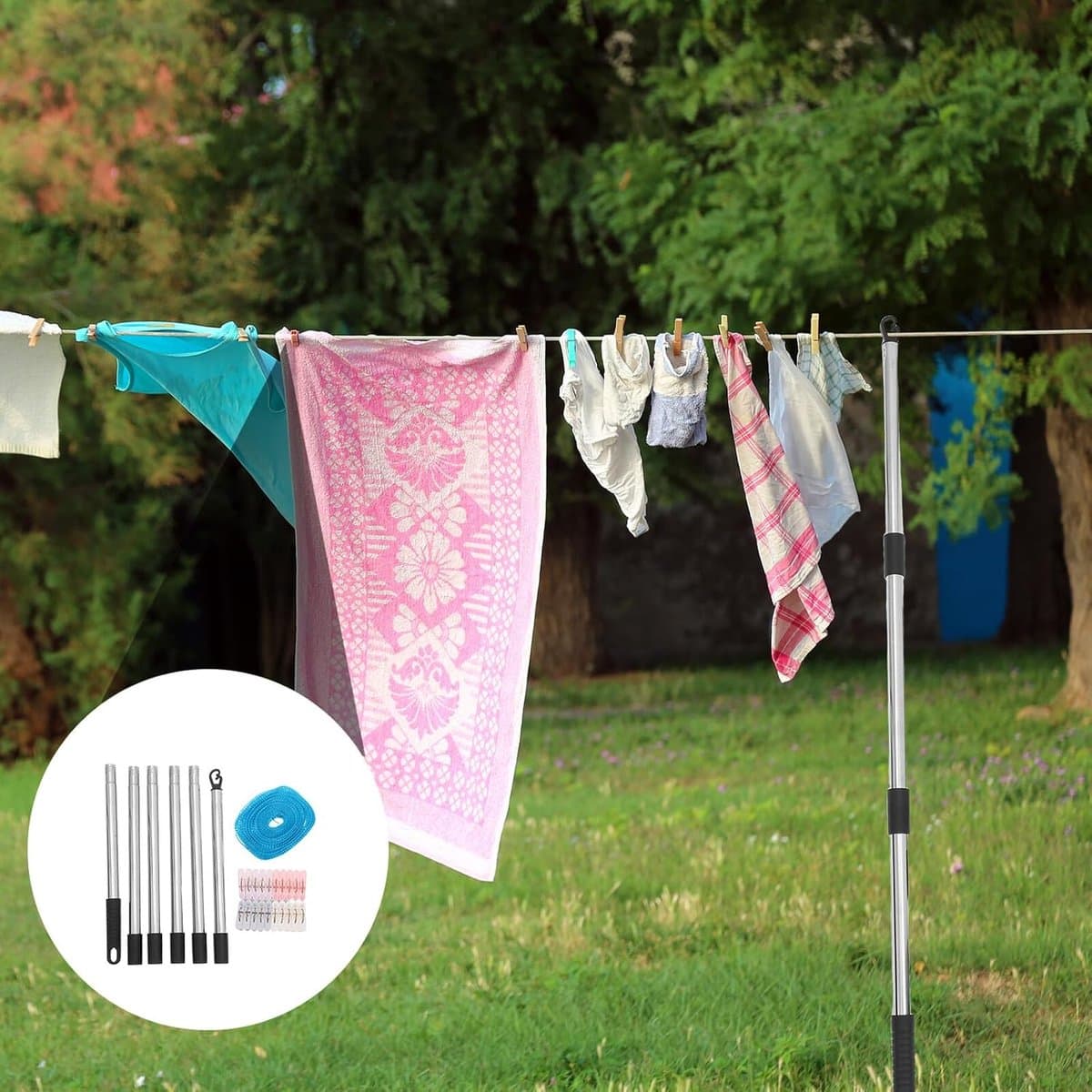 Drying Line - Clothesline Camping - Outdoor Drying - Heavy Duty Support - 10 Meter - Multicolor — afbeelding 1