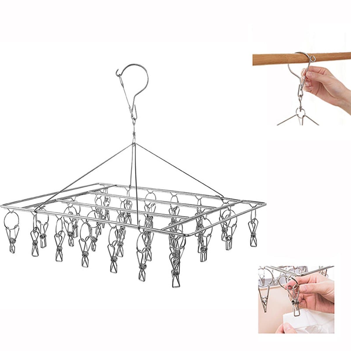 Sokkenhanger van roestvrij staal - Metalen sokkenhaken - Winddichte kledinghanger - Kledinghanger - Opbergrek - Clips - Met 30 clips - 360° draaibaar - Geschikt voor het drogen van sokken, kleine kledingstukken, enz. - Zilver — afbeelding 1