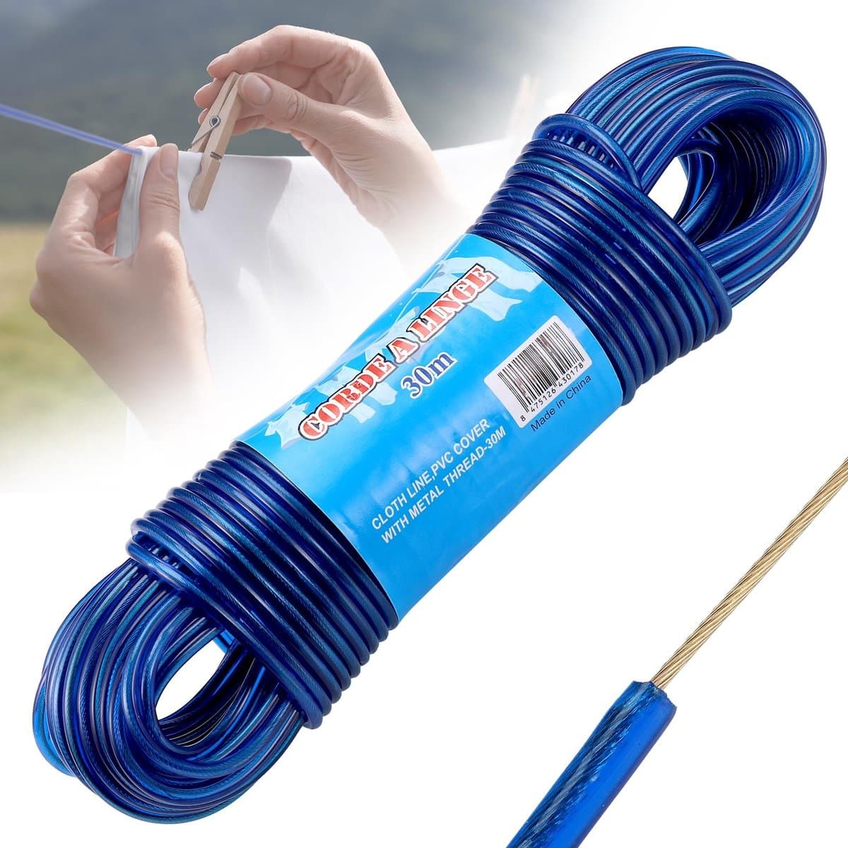 Dailygoody - Waslijn touw - Sterke kledinglijn - 30 meter lange waslijn - Blauw - Roestvrij en waterdicht - Geschikt voor buiten en tuinreizen — afbeelding 1