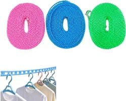 Waslijn, uittrekbaar, winddicht, 3 stuks, verstelbare waslijnen voor binnen en buiten, ruimtebesparend drogen met stevige haken, veelzijdige accessoires voor kamperen