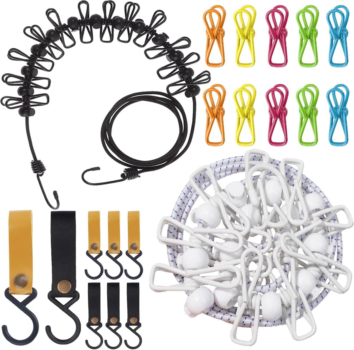 2 Stuks Draagbare Wastlijn met 10 Extra Clips + 8 Leren Haken Set, Reiswastlijn met 12 Klemmen & 13 Bevestigingsbogen, Camping Wastlijn voor Kamperen, Tuin, Balkon, Camper (Zwart/Wit) — afbeelding 1