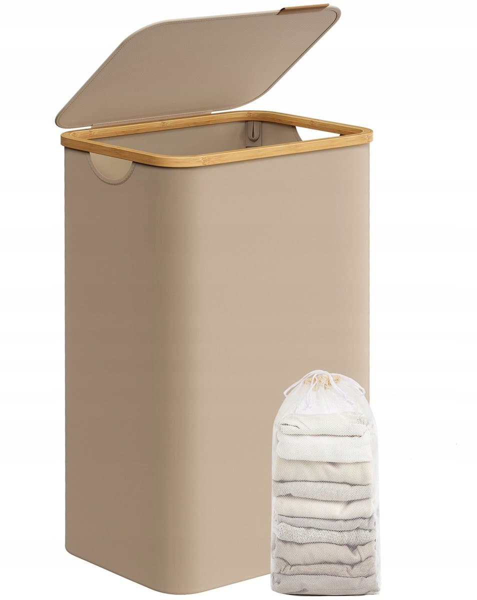 Merkloos Wasmand 90L met Deksel en Uitneembare Zak, Lichtbruin — afbeelding 1