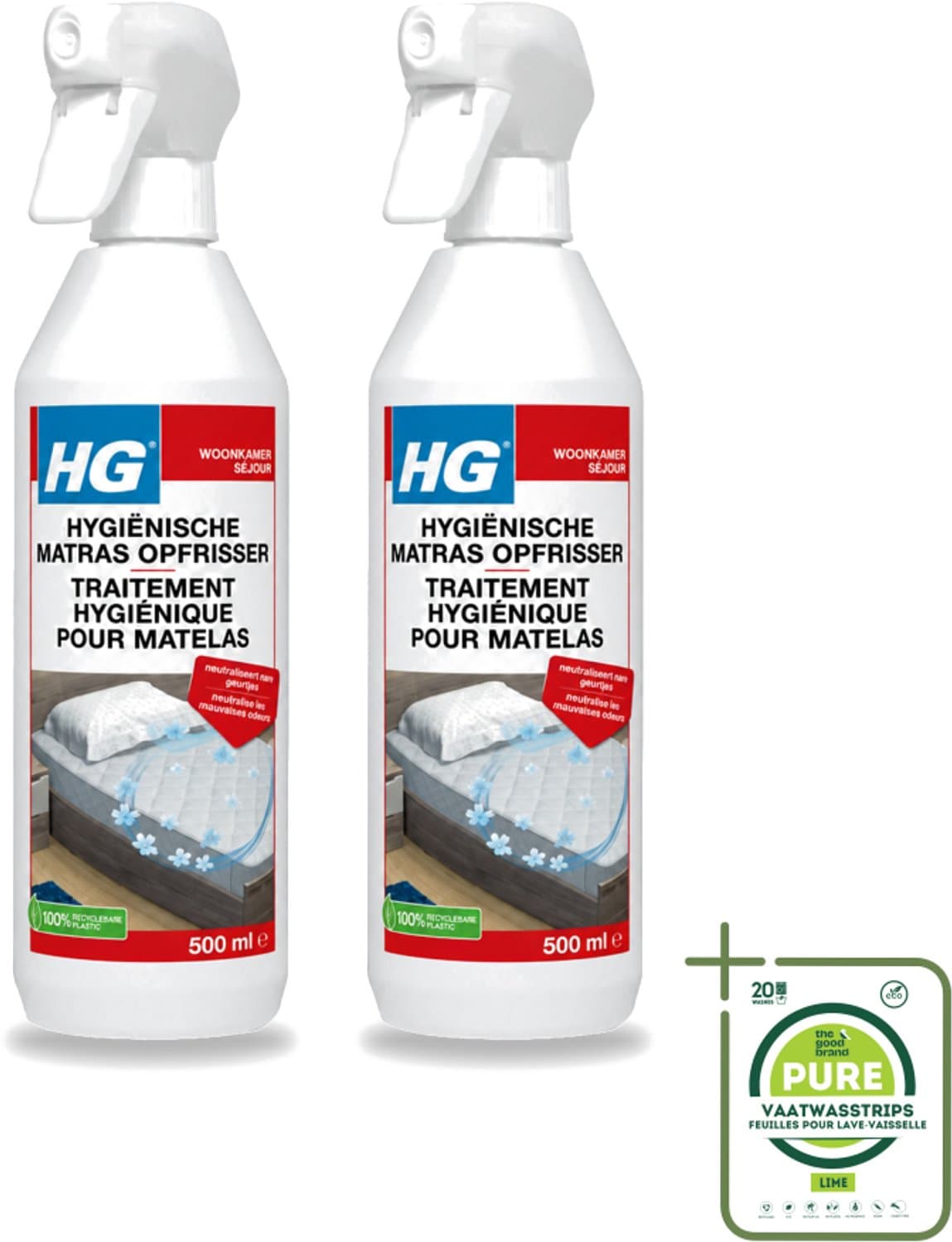 2 x HG - Hygiënische Matras Opfrisser - Werkt Na 30 Minuten - Neutraliseert Nare Geurtjes - 500 ml - Grootverpakking - Vaatwasstrips - Matrasopfrisser - Hygiëne - Geur Verwijderen - Matras Reinigen - Enzymen — afbeelding 1